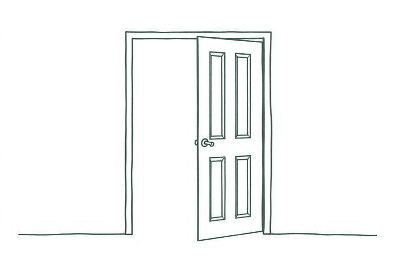 Line drawing of a panelled door standing ajar