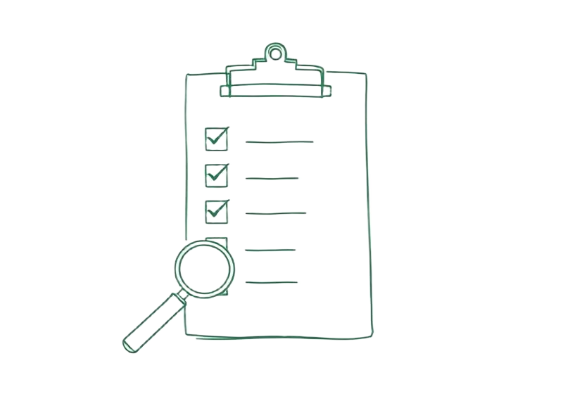 Line drawing of an inspection clipboard with a magnifying glass