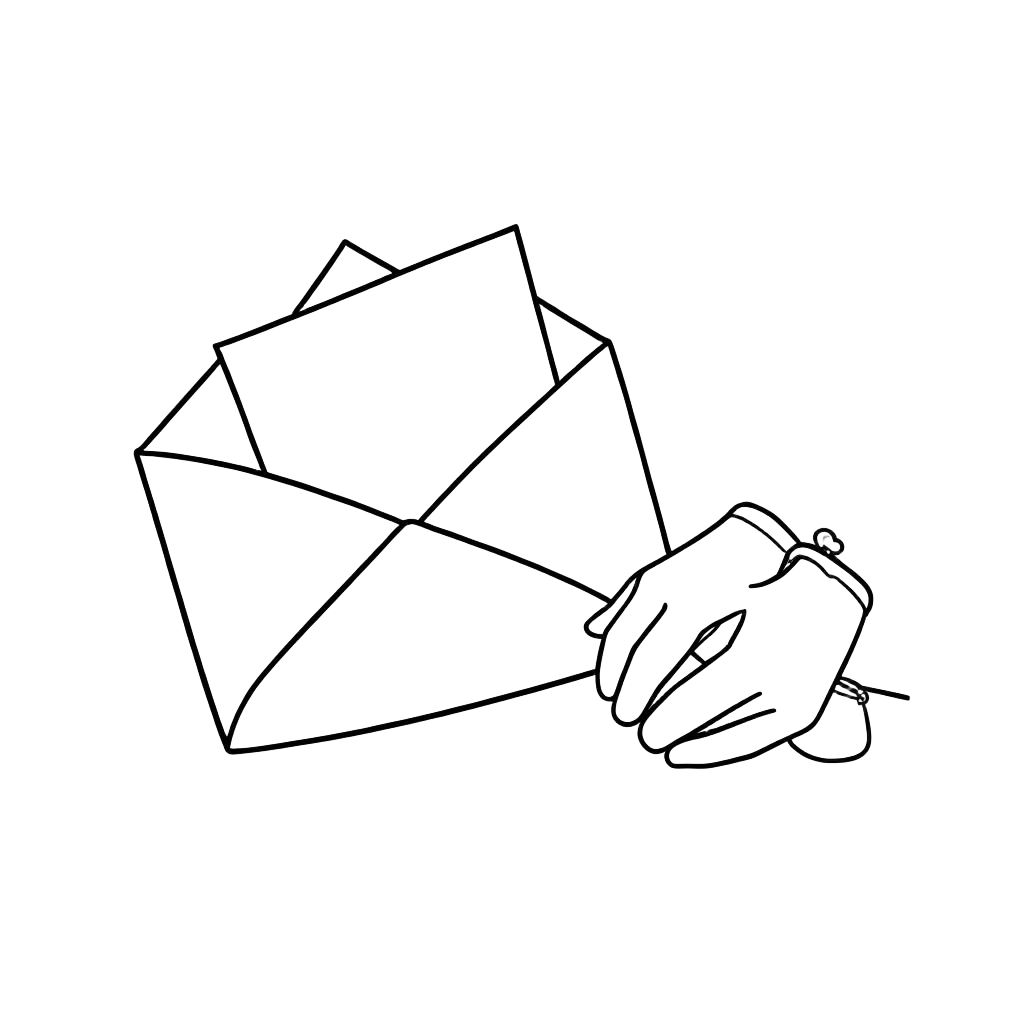 Line drawing of an open envelope with a letter, a small purse and a pair of clasped hands