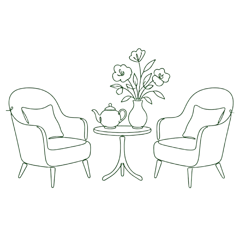 Line drawing of two armchairs facing a small table with a teapot and flowers
