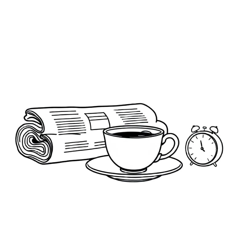 Line drawing of a teacup and saucer beside a folded newspaper and a small clock
