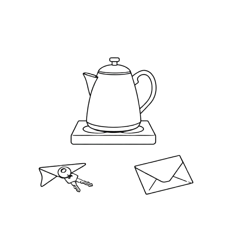 Line drawing of a kettle on a hob beside a set of house keys and an unopened envelope