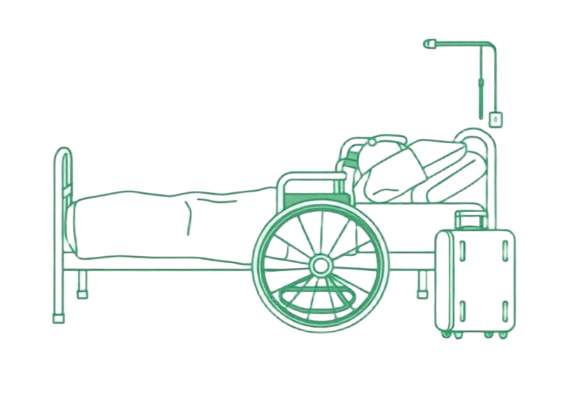 Line drawing of a hospital bed and a wheelchair