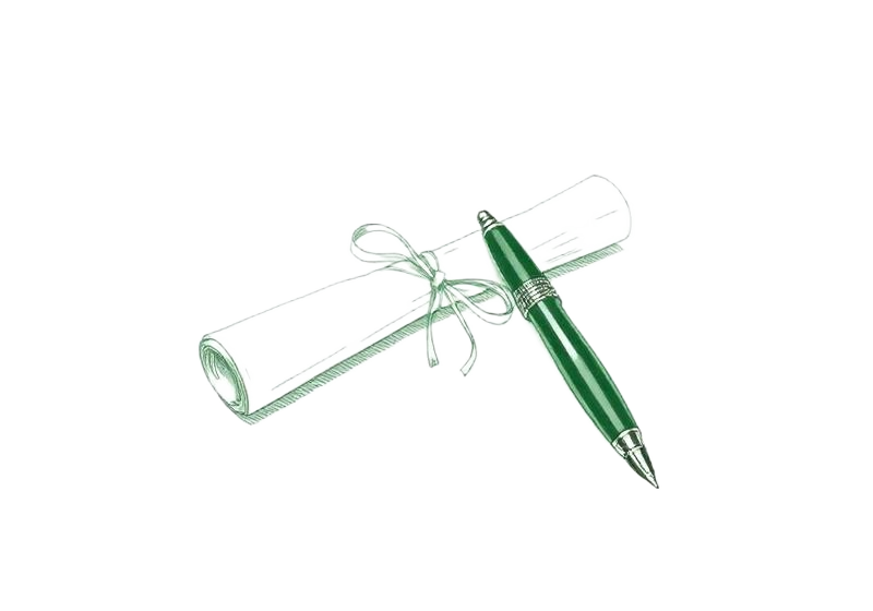 Line drawing of a rolled paper scroll tied with a ribbon beside a fountain pen