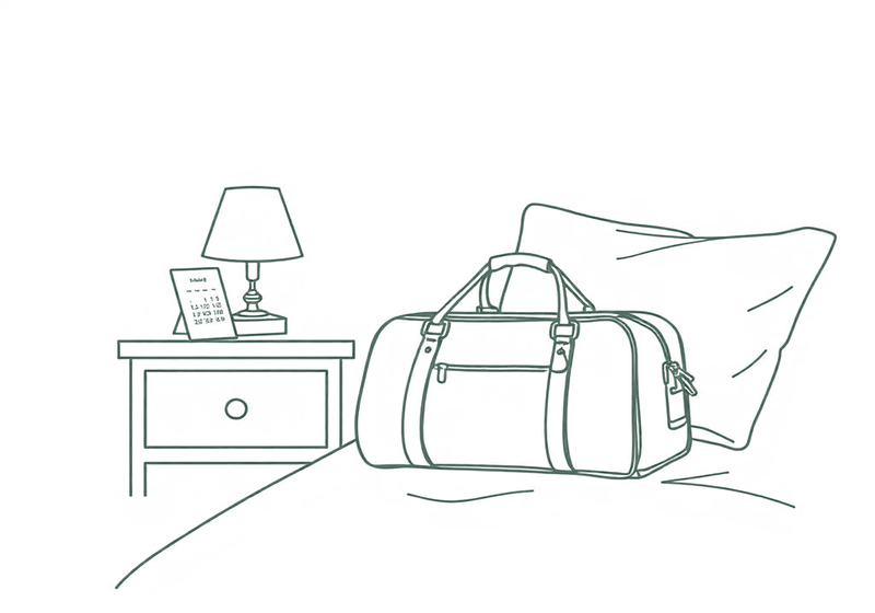Line drawing of an overnight bag on a bed beside a lamp and a calendar