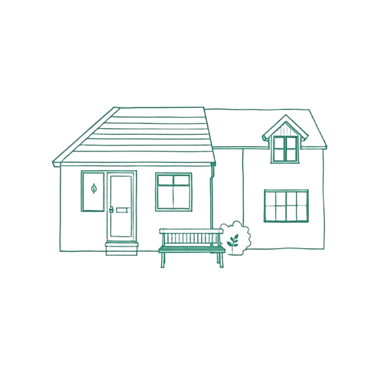 Line drawing of a small bungalow beside a larger care home with a garden bench between them