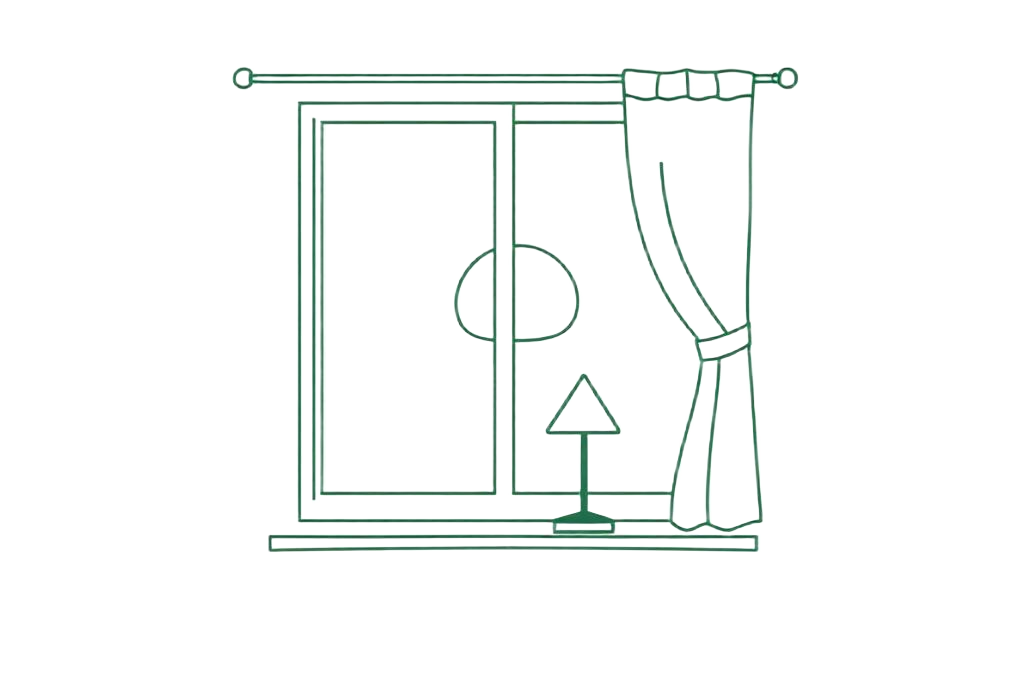 Line drawing of a window at dusk with the curtain drawn back and a small lamp lit on the sill