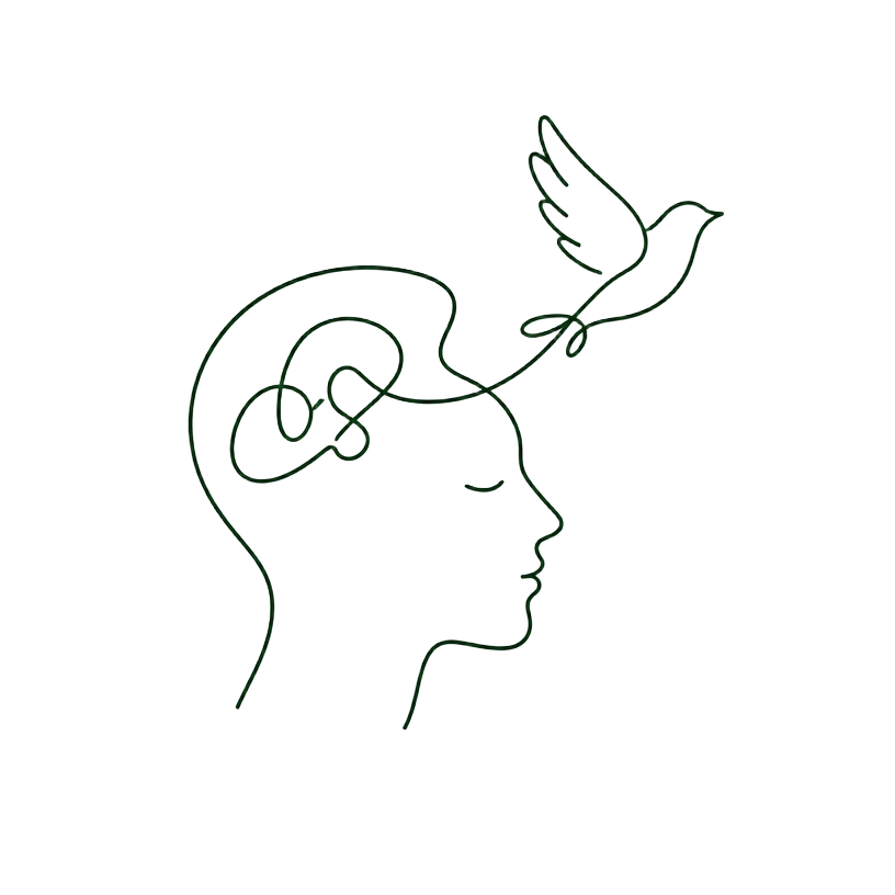 Line drawing of a person's head in profile with a bird flying from it