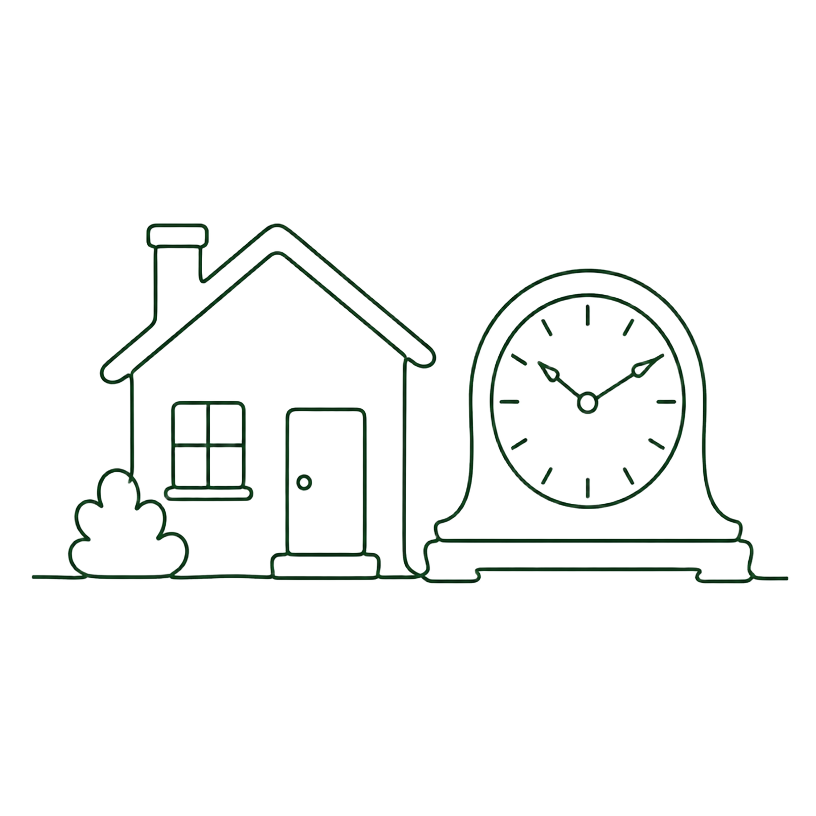 Line drawing of a small house beside a mantel clock
